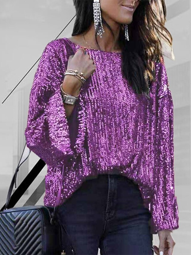 Women's Shirt Blouse Fleece Modal Plain Sparkly Black Wine Purple ...