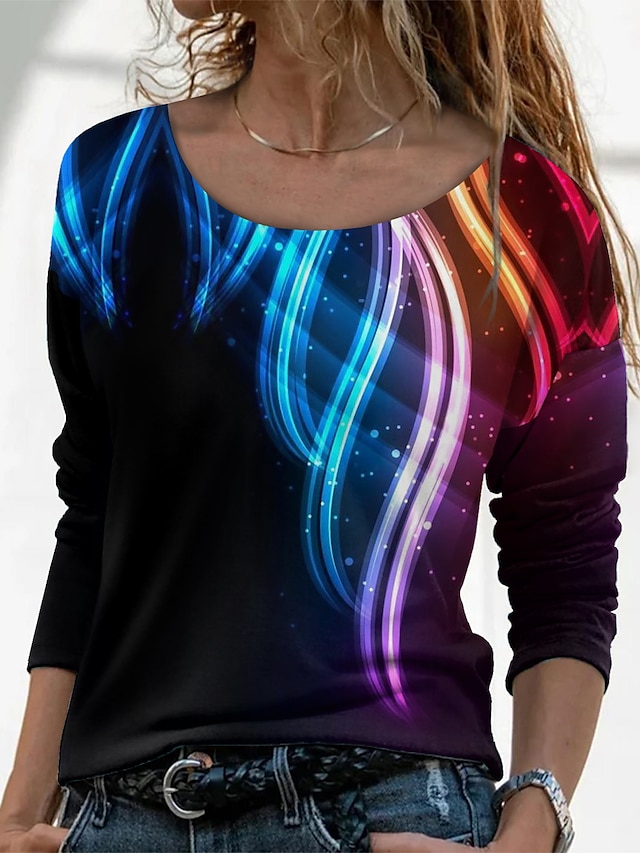 Womens Clothing Womens Tops | Womens Daily Weekend Painting T shirt Tee Graphic Sparkly Glittery Long Sleeve Print Round Neck Ba