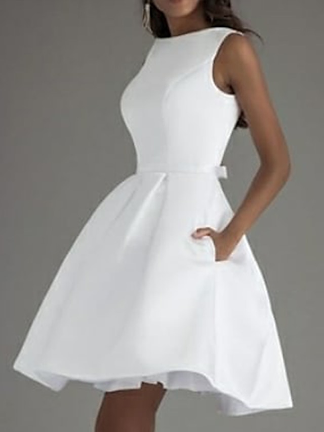  A-Line Cocktail Dresses Minimalist Dress Valentine's Day Wedding Guest Knee Length Sleeveless Boat Neck Satin V Back with Sleek Bow(s) Pure Color 2024