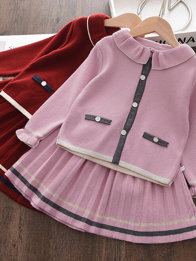 Baby & Kids Girls Clothing | Kids Girls Clothing Set 2 Pieces Long Sleeve Pink Wine Solid Color Pleated Preppy Style Sweet Regul