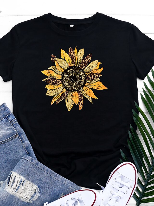 Womens Clothing Womens Tops | Womens Daily Weekend T shirt Tee Floral Leopard Sunflower Short Sleeve Print Round Neck Basic Tops