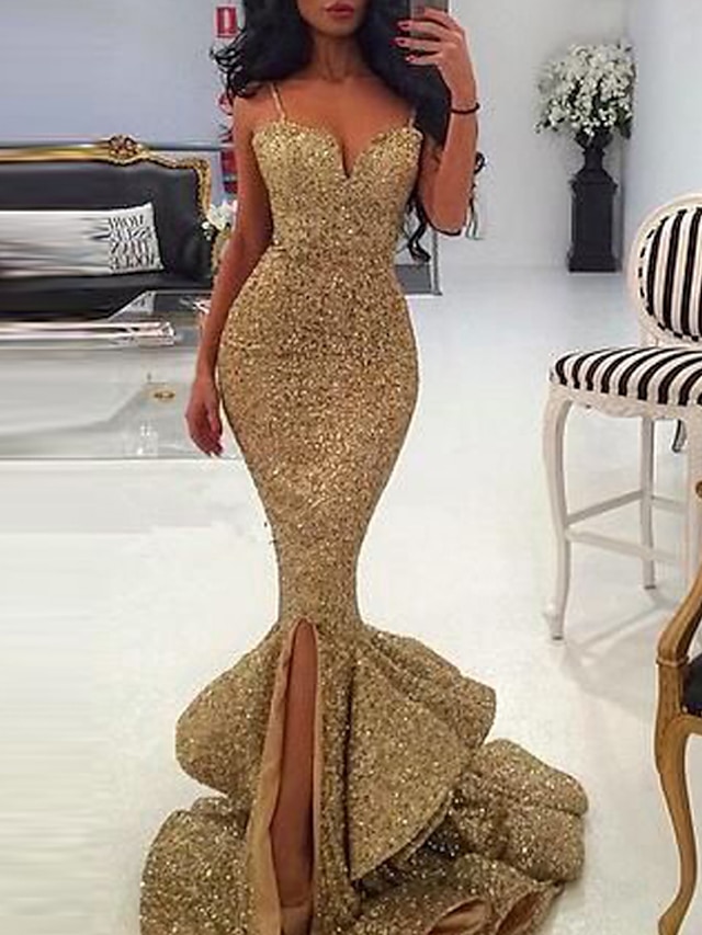  Mermaid / Trumpet Evening Gown Sexy Dress Wedding Guest Formal Evening Court Train Sleeveless Sweetheart Sequined with Ruffles Slit 2024