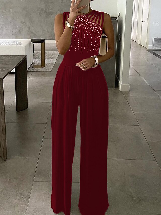 Damen Jumpsuit Feste Farbe Perlenbesetzt Elegant Formell