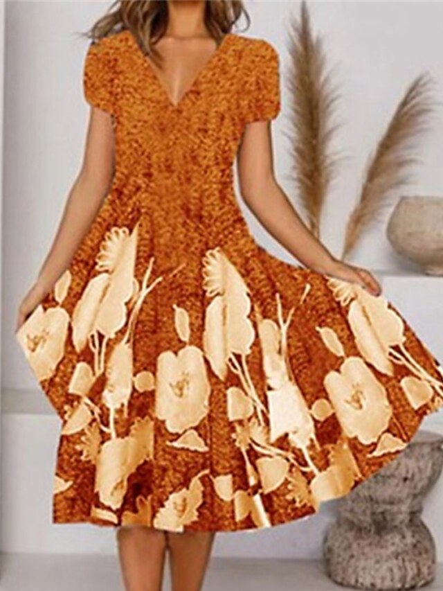  Women's Casual Dress Swing Dress Burnt Orange Dress Midi Dress Pink Orange Short Sleeve Floral Print Spring Summer V Neck Stylish Weekend 2023 S M L XL XXL