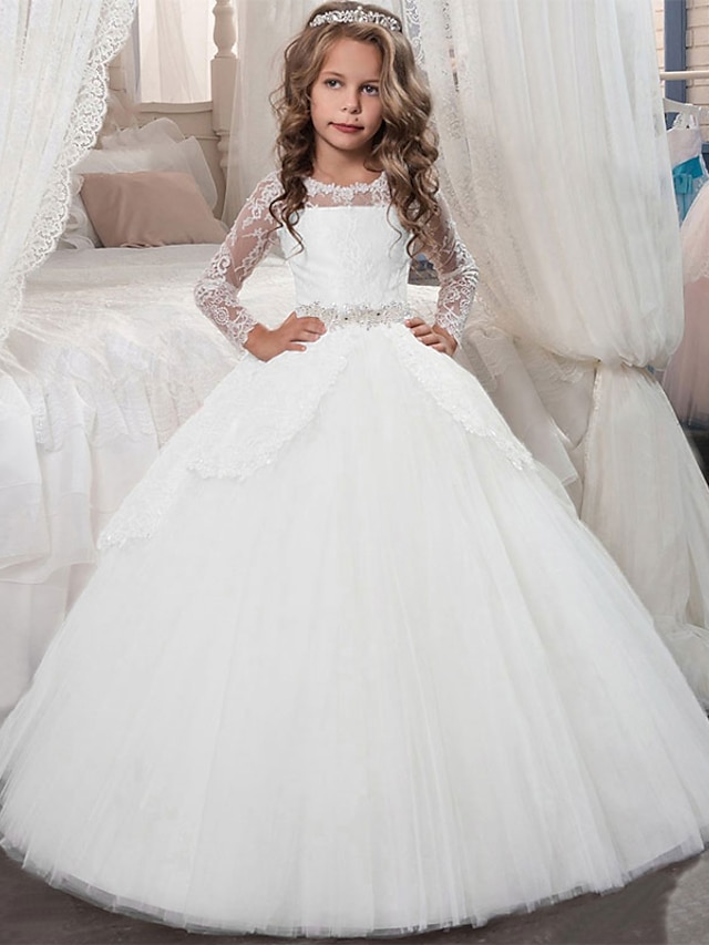  Ball Gown Floor Length Flower Girl Dress Birthday Girls Cute Prom Dress Satin with Lace Mini Bridal Fit 3-16 Years