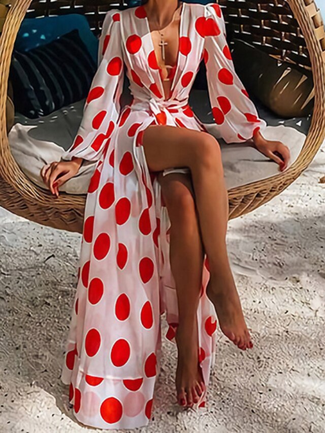 Womens Clothing Womens Dresses | Womens A Line Dress Maxi long Dress Red Long Sleeve Polka Dot Split Chiffon Spring Summer V Nec