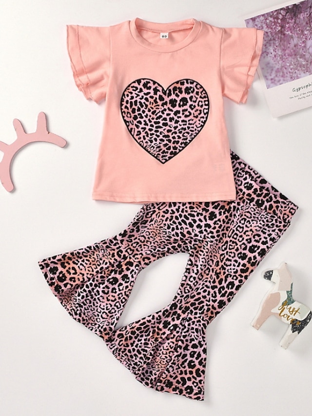 Baby & Kids Girls Clothing | Kids Girls Clothing Set 2 Pieces Short Sleeve Pink Heart Leopard Ruched Print Cotton Indoor Outdoor