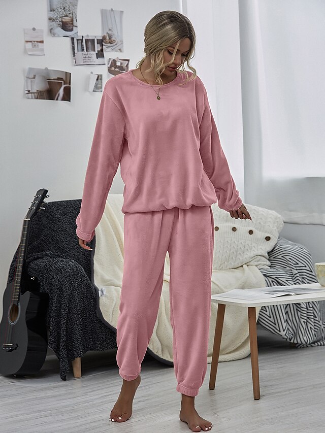 Women's Pink Fleece Pajamas Nighty Pjs Sets 2 Pieces Pure Color Sport Simple Comfort Party Home Street Warm Gift Long Sleeve Hoodie Pant Elastic Waistband Winter Fall Home Outfits 24