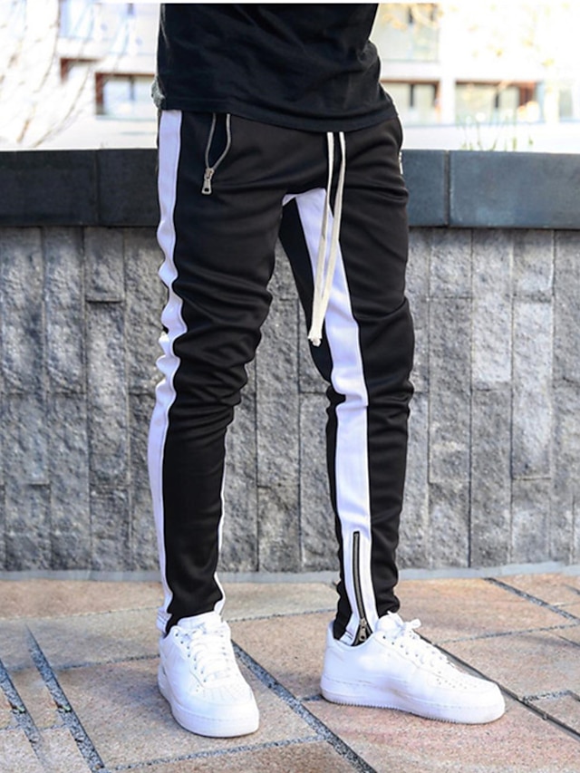 X-Future Mens Drawstring Slim Fit Stylish Plaid Check Striped Zipper Patchwork Lounge Pants
