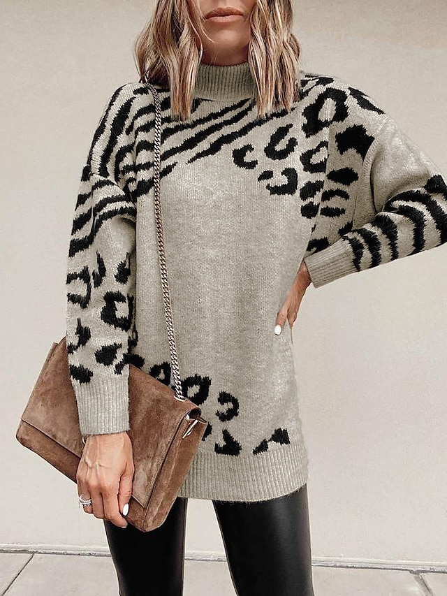 Womens Clothing Sweaters & Cardigans | Womens Pullover Sweater Jumper Knit Tunic Modern Style Leopard Print High Neck Basic Casu