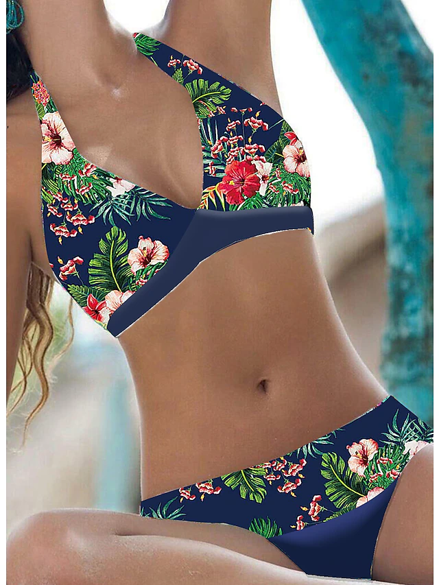 Women's Swimsuits Bikini 2 Piece Cheeky Swimsuit Halter 2 Piece Open Back Sexy Tropical Sexy Floral V Wire Sleeveless Bathing Suits 11