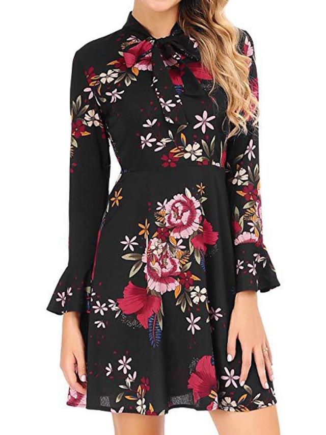 Womens Clothing Womens Dresses | Womens Chiffon Dress Short Mini Dress Black Dark Blue Long Sleeve Floral Print Spring Summer Ro