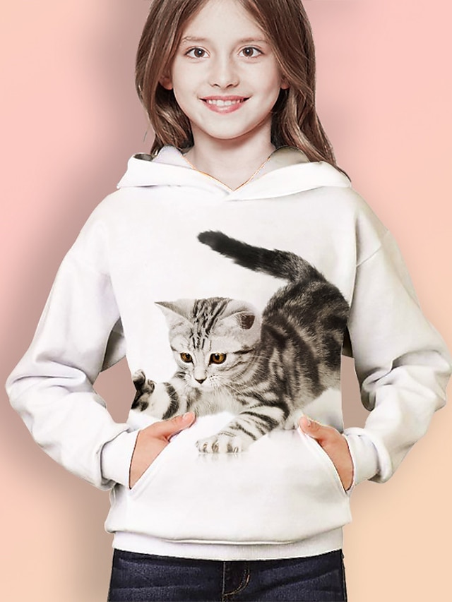 Baby & Kids Girls Clothing | Kids Girls Hoodie Long Sleeve White 3D Print Cat Animal Pocket Daily Indoor Outdoor Active Fashion 