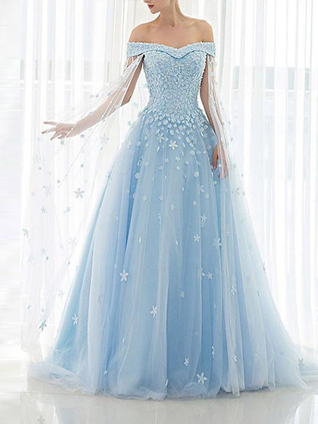 A-Line Prom Dresses Floral Dress Wedding Guest Engagement Chapel Train ...