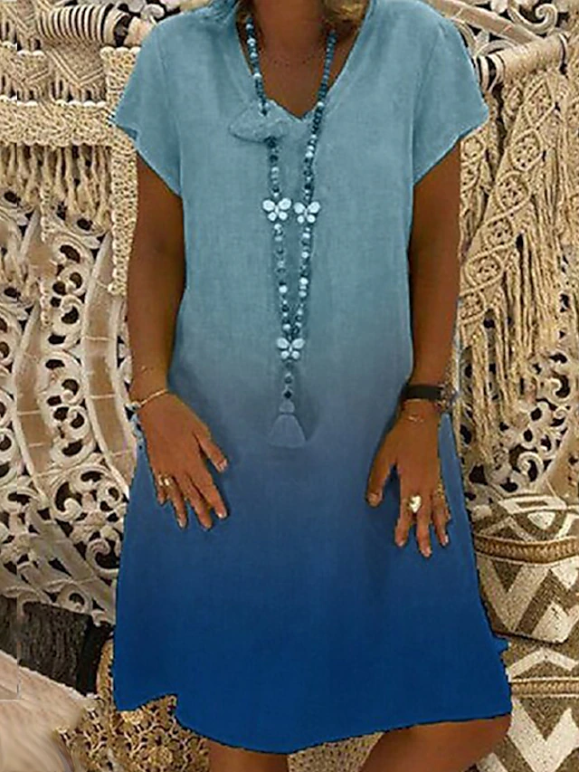 Women's Shift Dress Color Gradient Print V Neck Midi Dress Basic Casual ...