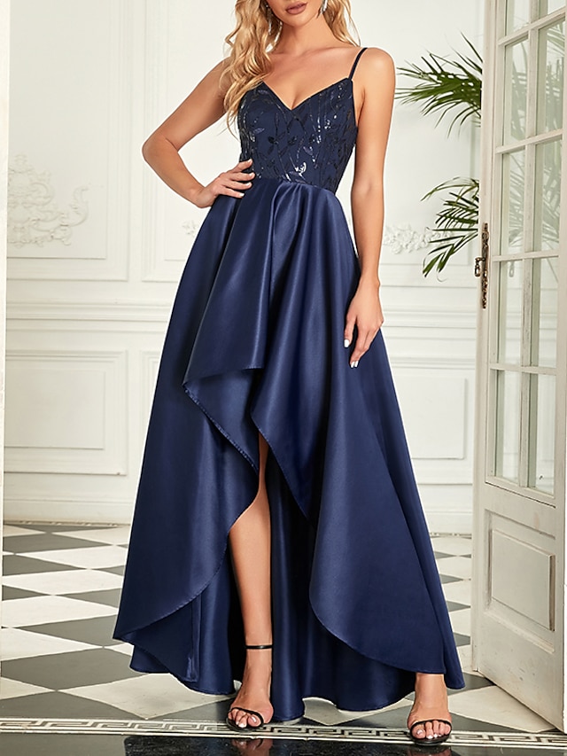 vestido de mujer de una línea maxi vestido largo azul marino sin mangas  color puro más