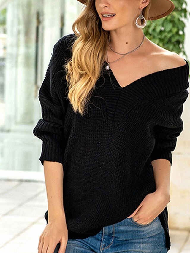 Womens Clothing Sweaters & Cardigans | Womens Pullover Sweater Jumper Knit Split Knitted Solid Color Off Shoulder Stylish Casual