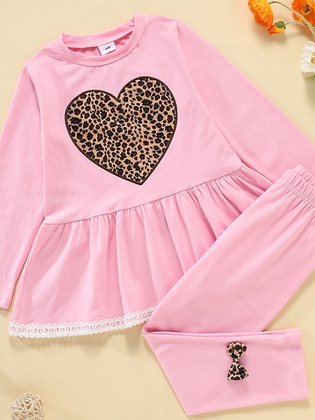 Baby & Kids Girls Clothing | Kids Girls Clothing Set 2 Pieces Long Sleeve Black Pink Graphic Heart Leopard Ruched Bow Print Cott