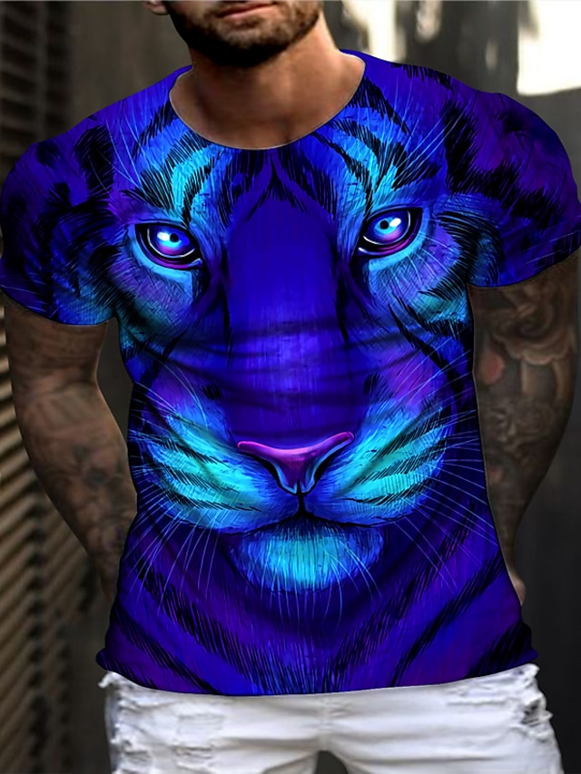  Men's Unisex T shirt 3D Print Graphic Prints Tiger Crew Neck Daily Holiday Print Short Sleeve Tops Casual Designer Big and Tall Blue / Summer