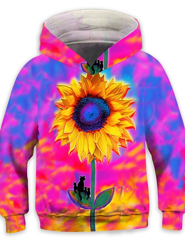 Baby & Kids Girls Clothing | Kids Girls Hoodie Long Sleeve Purple 3D Print Sunflower Pocket Daily Indoor Outdoor Active Fashion 