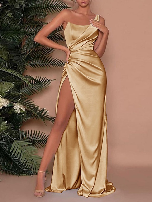  Ίσια Γραμμή Αμπίρ Σέξι Υψηλός διάσπαση Επισκέπτης γάμου Χοροεσπερίδα Φόρεμα Ένας Ώμος Αμάνικο Ουρά Σαρμέζ με Πιασίματα Φόρεμα 2022