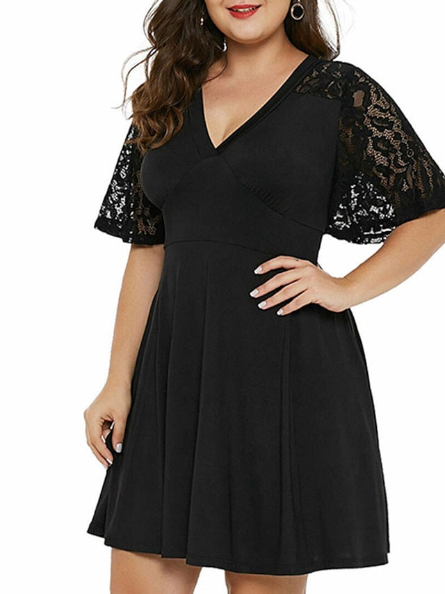 Womens Clothing Plus Size Collection | Womens Plus Size Shift Dress Solid Color V Neck Ruched Short Sleeve Spring Summer Casual 