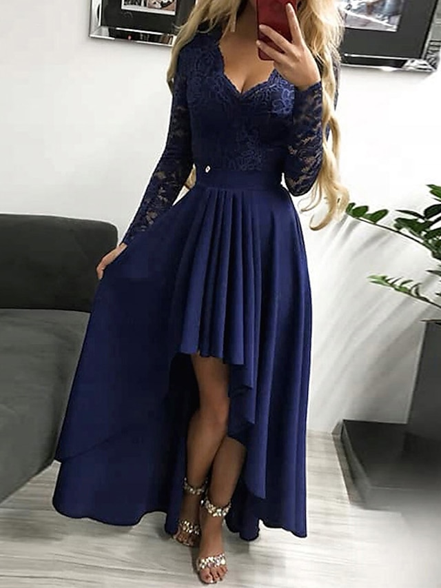  A-Line Prom Dresses Elegant Dress Asymmetrical Long Sleeve V Neck Fall Wedding Guest Polyester with Pure Color 2024