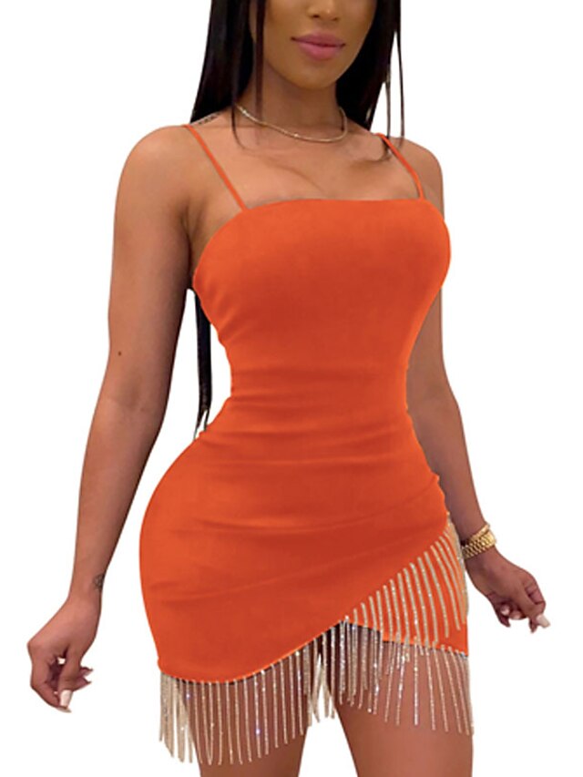 Womens Clothing Womens Dresses | Womens A Line Dress Short Mini Dress Green Orange Sleeveless Pure Color Tassel Fringe Spring Su