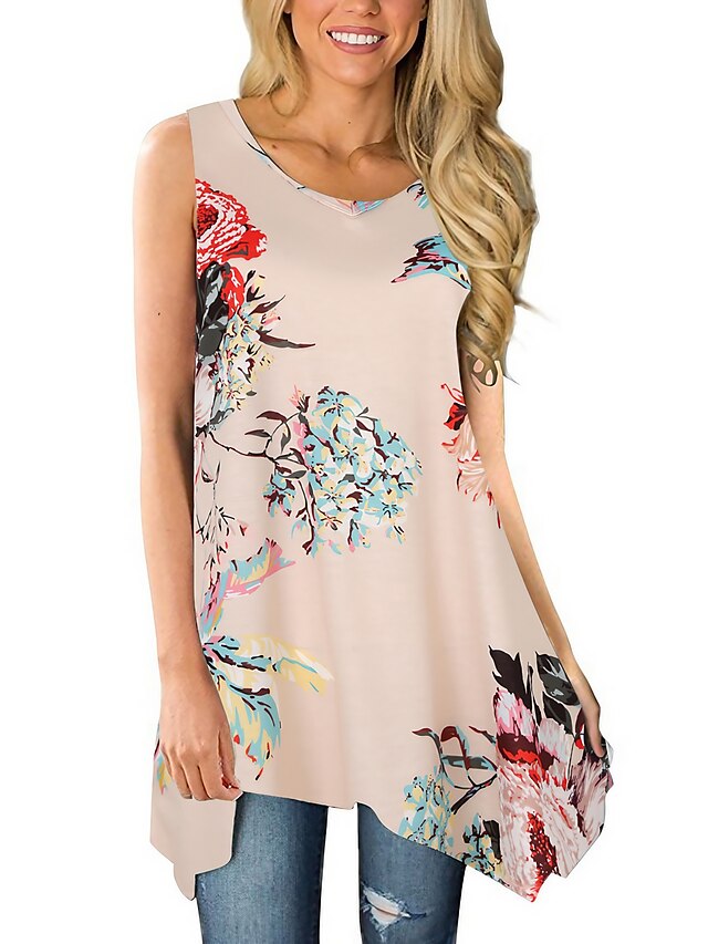 Womens Clothing Womens Tops | Womens Holiday Weekend Floral Tank Top Shirt Floral Sleeveless Asymmetric Flowing tunic Print Roun