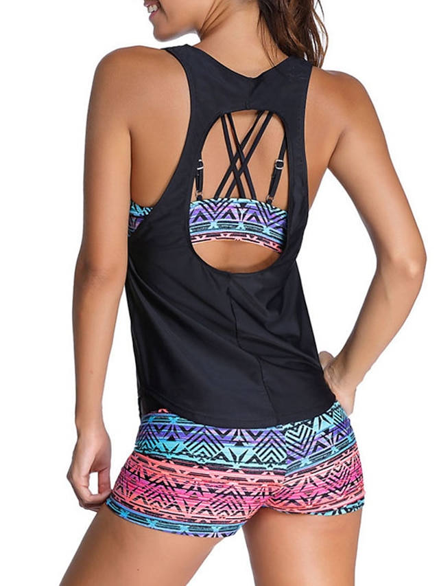 Womens Clothing Womens Swimwear | Womens Swimwear Bikini Three Piece Normal Swimsuit Open Back Print Tribal Blue Rainbow Camisol