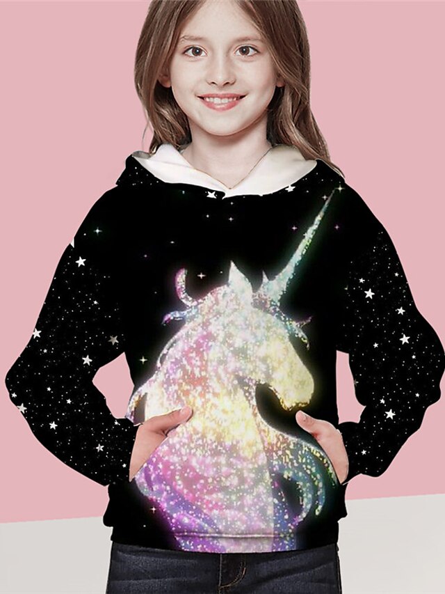 Baby & Kids Girls Clothing | Kids Girls Hoodie Long Sleeve Black 3D Print Unicorn Animal Pocket Daily Indoor Outdoor Active Fash