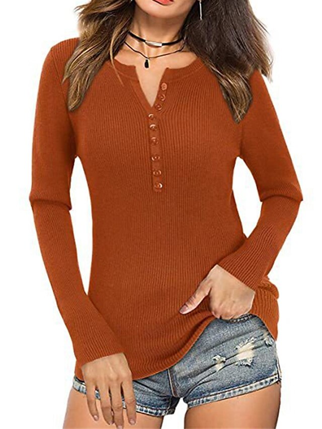 Womens Clothing Sweaters & Cardigans | Womens Pullover Sweater Jumper Knit Knitted Button Pure Color V Neck Stylish Casual Home 