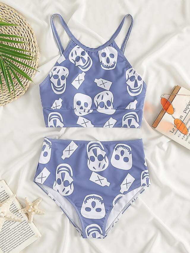 Womens Clothing Womens Swimwear | Womens Swimwear Bikini 2 Piece Normal Swimsuit 2 Piece High Waist Open Back Printing Skull Blu