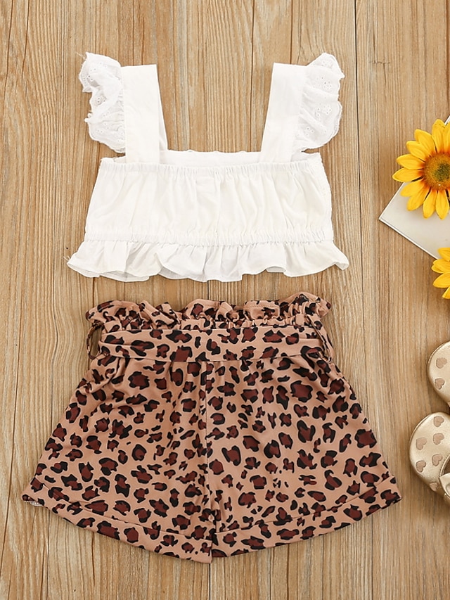 Baby & Kids Girls Clothing | Kids Girls T-shirt & Skirt Shorts Set Clothing Set 2 Pieces Sleeveless Brown Leopard Ruched Drawstr