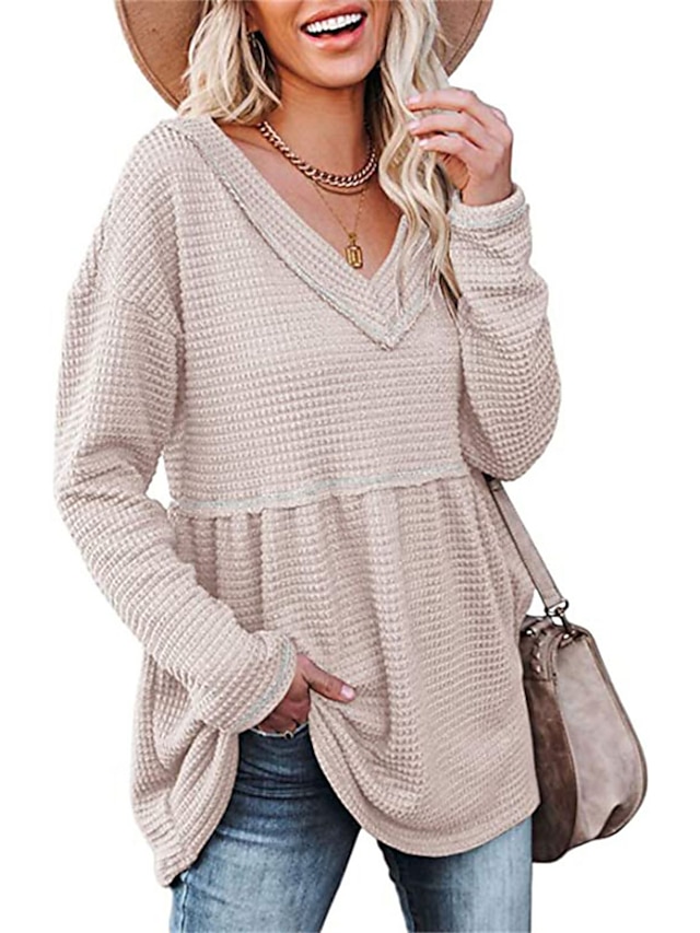 Womens Clothing Sweaters & Cardigans | Womens Pullover Sweater Jumper waffle Knit Tunic Pleated Knitted Solid Color V Neck Styli