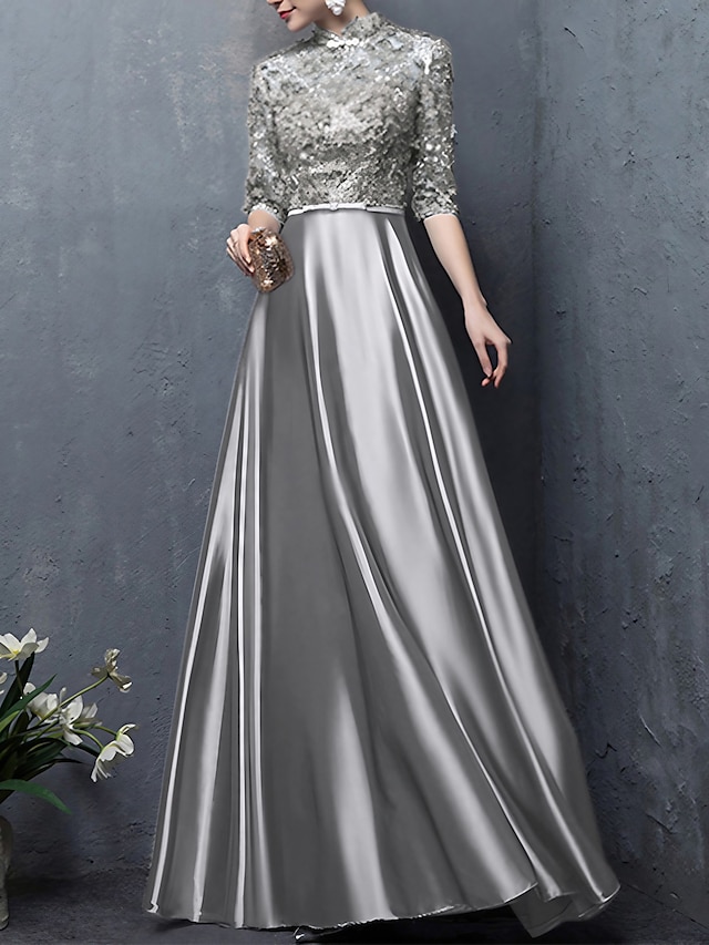  A-Line Mother of the Bride Dress Wedding Guest Elegant Vintage High Neck Floor Length Satin Half Sleeve with Bow(s) Appliques 2024