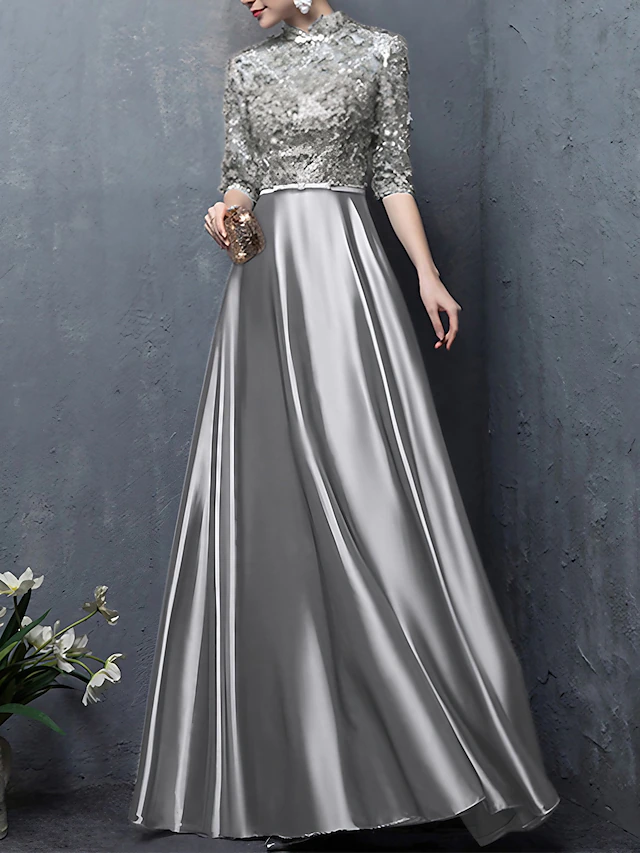 A-Line Mother of the Bride Dress Wedding Guest Elegant Vintage High Neck Floor Length Satin Half Sleeve with Bow(s) Appliques dress to impress 6