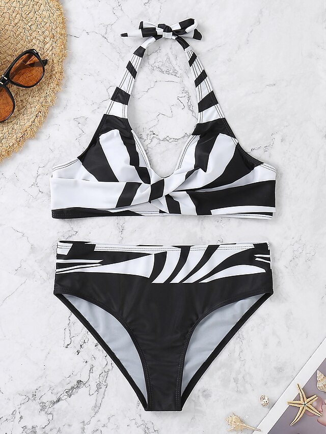 Womens Clothing Womens Swimwear | Womens Swimwear Bikini 2 Piece Plus Size Swimsuit Open Back for Big Busts Print Stripe Black R