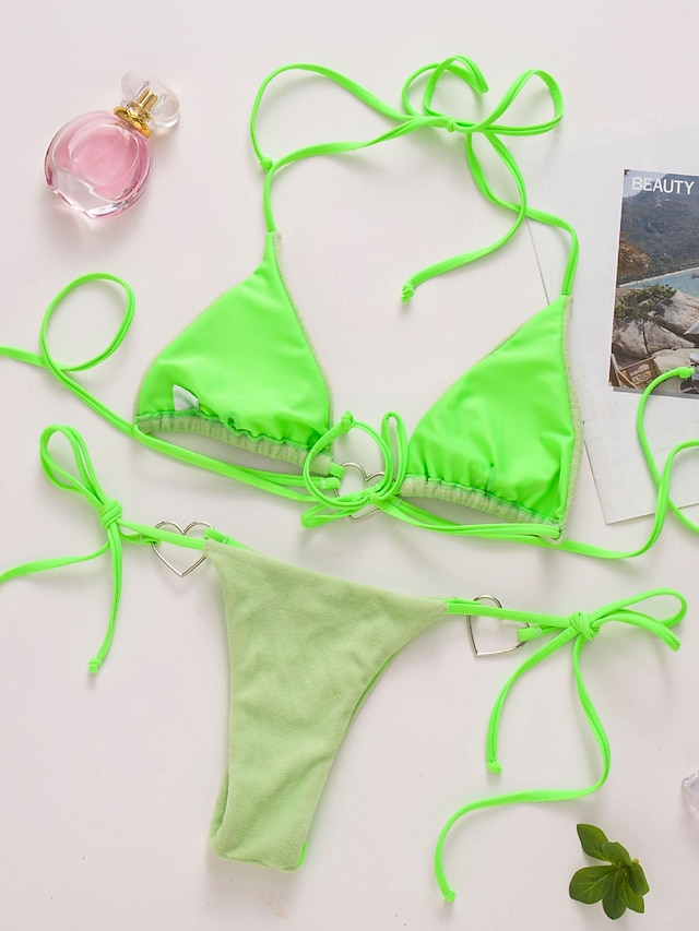 Womens Clothing Womens Swimwear | Womens Swimwear Bikini 2 Piece Normal Swimsuit 2 Piece Open Back Hole Pure Color Green Blue Li