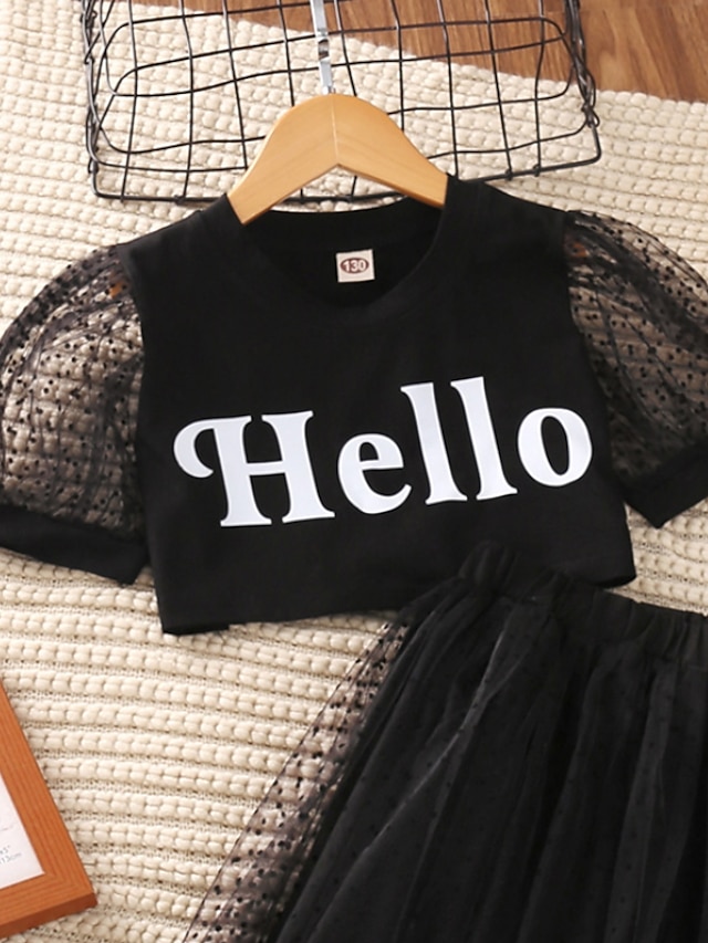 Baby & Kids Girls Clothing | Kids Girls Dress Set Clothing Set 2 Pieces Short Sleeve Black Letter Mesh Cotton Indoor Outdoor Cas