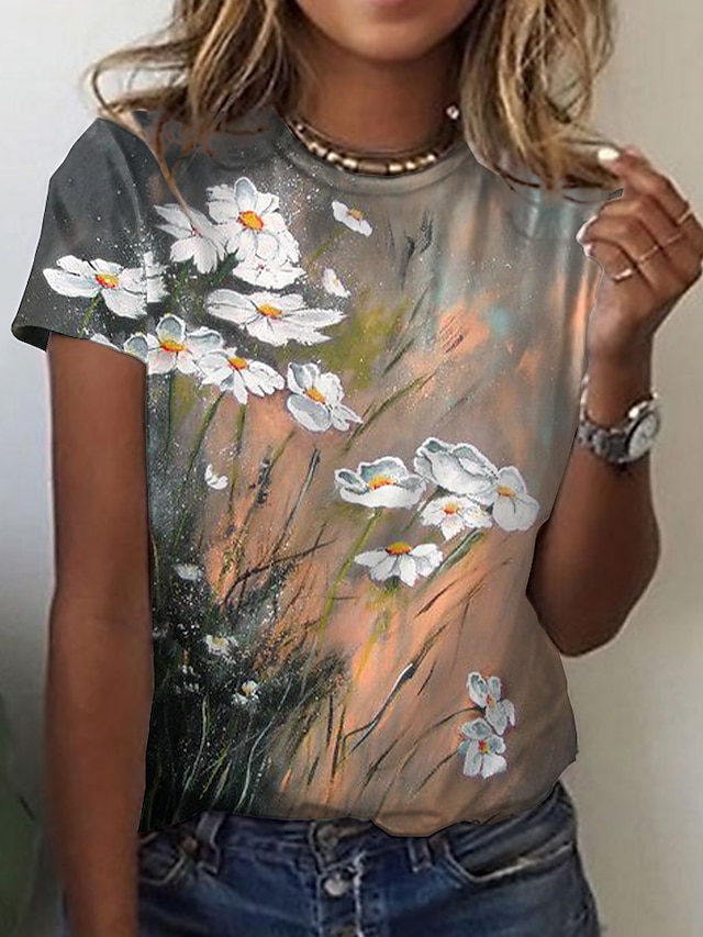  Women's T shirt Tee Floral Holiday Weekend Floral Painting Short Sleeve T shirt Tee Round Neck Print Basic Essential Orange S / 3D Print