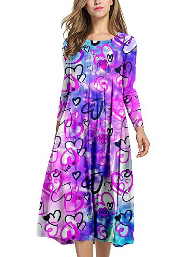 Womens Clothing Womens Dresses | Womens A Line Dress Midi Dress Blue Black Purple Long Sleeve Heart Print Spring Summer Crew Nec