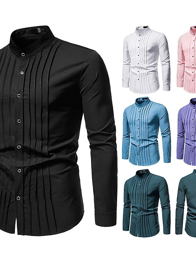 Mens Clothing Mens Shirts | Mens Shirt Solid Colored Stand Collar Street Casual Button-Down Long Sleeve Tops Cotton Casual Fashi