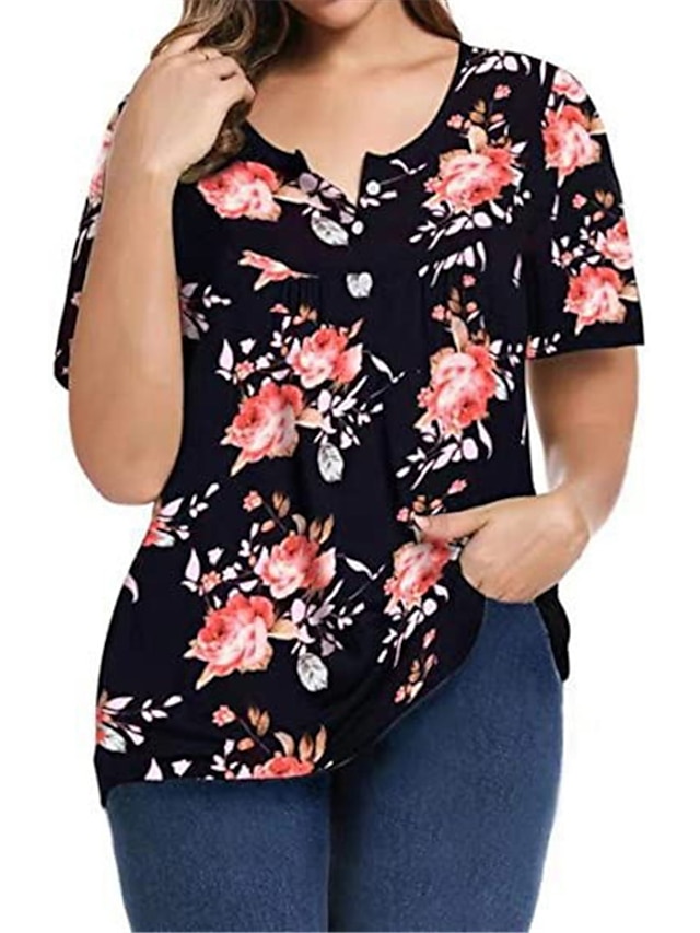 Womens Clothing Plus Size Collection | Womens Plus Size Tops T shirt Floral Print Short Sleeve Crewneck Streetwear Daily Going o