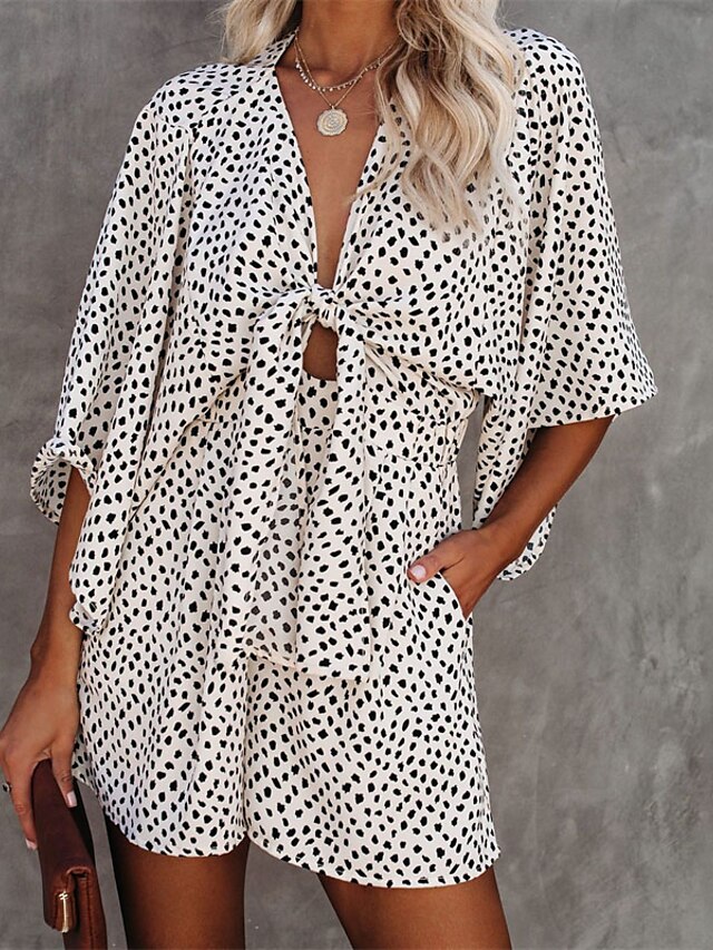 Womens Clothing Womens Jumpsuits & Rompers | Womens Romper Cut Out Belted Polka Dot V Neck Casual Daily Going out Baggy Shorts R