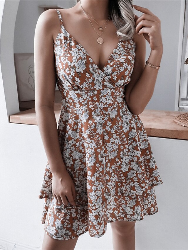 Womens Clothing Womens Dresses | Womens A Line Dress Short Mini Dress Blue Orange Sleeveless Floral Print Spring Summer V Neck S