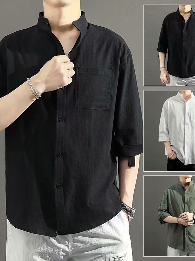  Men's Shirt Elbow Sleeve Basic Shirt Collar Medium Spring & Summer Green White Black