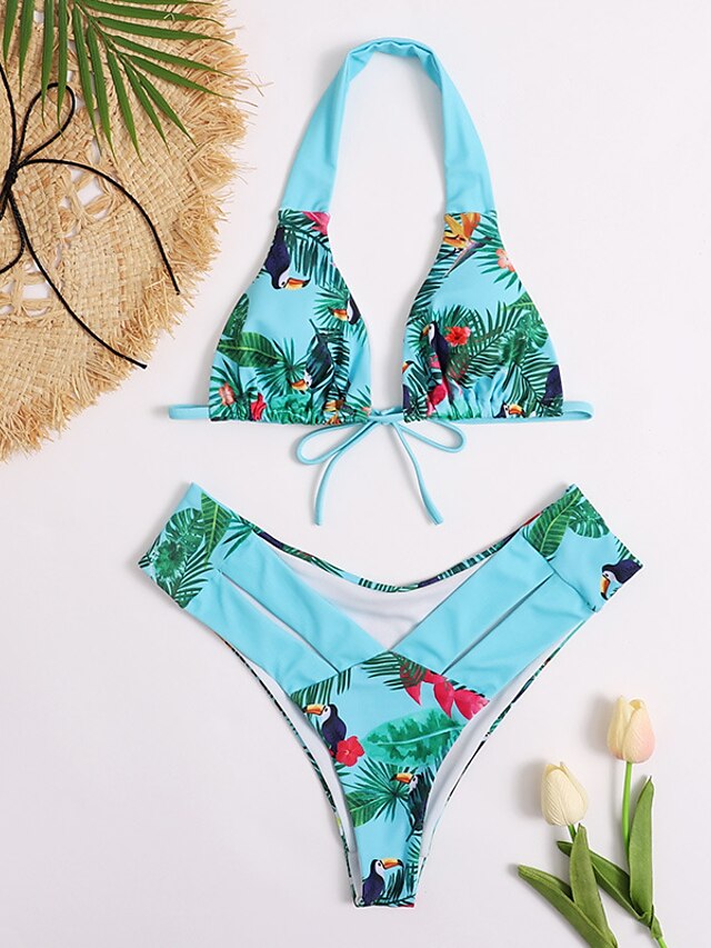 Womens Clothing Womens Swimwear | Womens Swimwear Bikini 2 Piece Normal Swimsuit Backless Pleated Printing Floral Stripe Green B