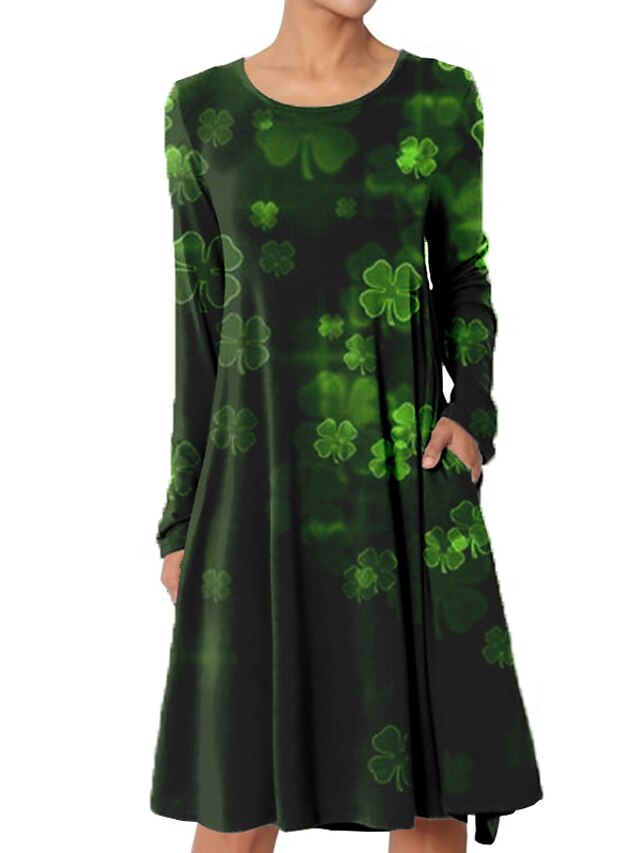 Womens Clothing Womens Dresses | Womens A Line Dress Midi Dress Green Rainbow Red Long Sleeve Clover Clover Print Spring Summer 