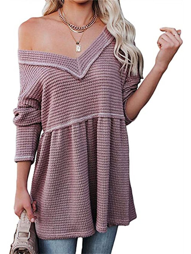 Womens Clothing Sweaters & Cardigans | Womens Pullover Sweater Jumper waffle Knit Tunic Pleated Knitted Solid Color V Neck Styli